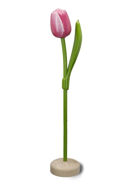 Wooden tulip in a wooden base, to stand, 34cm high, made in Holland, color: pink/white